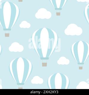 Nahtloses Muster mit Heißluftballons und Wolken. Vektorillustration auf blauem Hintergrund. Stock Vektor