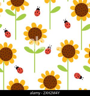 Nahtloses Sonnenblumenmuster. Kindliche Textur mit Sonnenblumen und Marienkäfern. Vektorabbildung. Stock Vektor