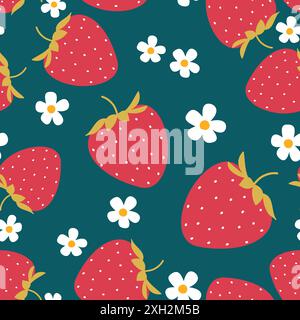Nahtloses Muster mit Erdbeeren und Blumen. Frucht-Vektor-Illustration. Stock Vektor