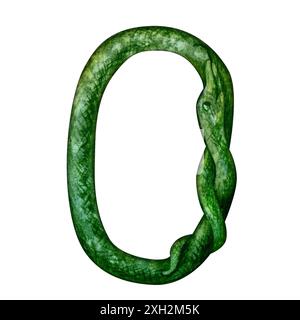 Zahl Null in Form einer grünen Schlange als Symbol des glücklichen chinesischen Neujahrs 2025 nach dem Sternzeichen des Jahres der Schlange. Aquarell Stockfoto