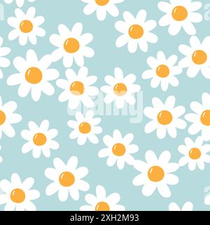 Nahtloses Muster von Gänseblümchen auf blauem Hintergrund. Vektorabbildung. Stock Vektor