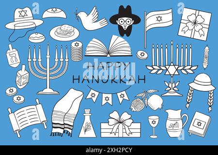 . Ein Vektor-Set für den Hanukkah-Feiertag mit traditionellen jüdischen Symbolen. Stock Vektor