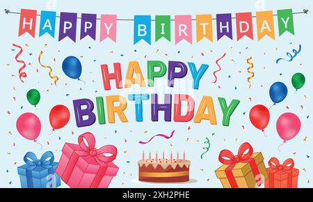 Happy Birthday Typografie mit Geburtstagsballons, Kuchen, Geschenkbox und Konfetti-Deko-Element für die Geburtstagsfeier Stock Vektor