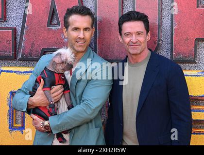 London, Großbritannien. Juli 2024. Hugh Jackman, Ryan Reynolds und Peggy aka Dogpool kommen beim Deadpool & Wolverine UK Sneak Peek Event, Hammersmith Eventim Apollo an. Quelle: Doug Peters/EMPICS/Alamy Live News Stockfoto