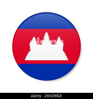 Symbol für die kreisförmige Taste in Kambodscha. Kambodschanische Rundflagge mit Schatten. Realistische 3D-Illustration isoliert auf weiß. Stockfoto