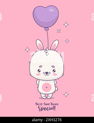 Niedliches Häschen mit Ballon auf rosa Hintergrund. Lustige, glückliche Kawaii-Tierfigur. Vektorabbildung. Kinderkollektion. Stock Vektor