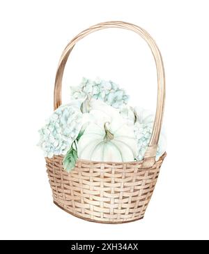 Weiße Kürbisse und blaue Hortensien auf weißem Hintergrund. Aquarellillustration in Pastellfarben. Die Zeichnung ist handgezeichnet. Geeignet für Karten, Invit Stockfoto