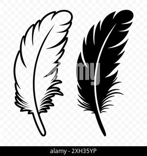 Vector Schwarz und weiß Logosymbole mit flauschigen Federn. Silhouette Feather Set Closeup Isoliert. Designvorlage für Flamingo, Engel, Vogelfeder. Leichtigkeit Stock Vektor