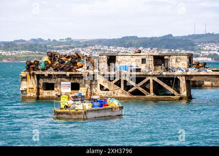 Alte und weggeworfene Booms, Fischernetze, Ketten, Bügel und Angelausrüstung auf einem stillgelegten Steg im Brixham Harbour Stockfoto