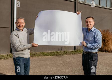 Zwei Männer, die draußen vor einem Gebäude stehen, halten ein großes weißes Schild vor sich. Sie lächeln beide. Stockfoto