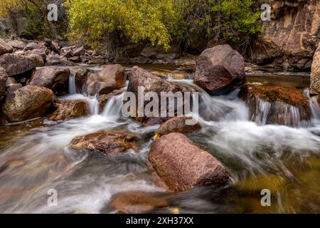 Herbst Mountain Creek – Ein Blick aus nächster Nähe auf einen Bergbach an einem sonnigen Herbstabend im Eldorado Canyon State Park, Colorado, USA. Stockfoto