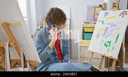 Ein junger Künstler, der am Telefon in einem kreativen Atelier mit Gemälden und Staffelei spricht. Stockfoto