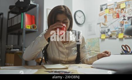Eine Detektivin untersucht Beweise in einem überfüllten Polizeibüro, schlürft an einem Becher, umgeben von Dokumenten und einer Kriminaluntersuchungsstelle. Stockfoto