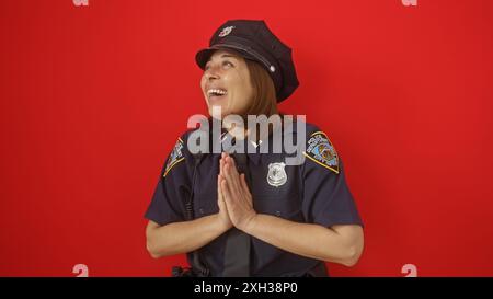 Eine fröhliche hispanische Polizistin posiert vor rotem Hintergrund. Stockfoto