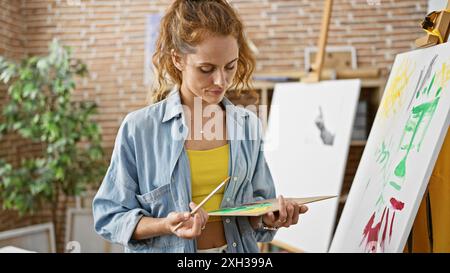 Eine junge kaukasische Künstlerin malte auf einer Leinwand in einem Atelier, verkörpert Kreativität und Kunstfertigkeit. Stockfoto
