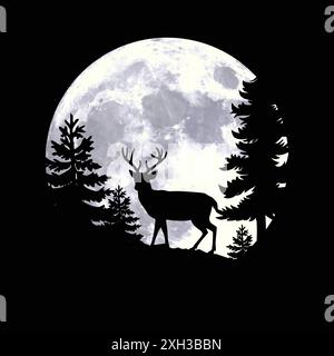 Hirsch Silhouette durch großen Vollmond in Wald Hintergrund Vektor Illustration Stock Vektor