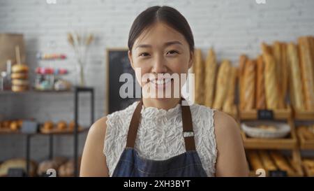 Junge, attraktive, chinesische Frau lächelt in einer Bäckerei mit Brot, Gebäck und Baguettes im Hintergrund und bietet eine einladende Atmosphäre für die Kundschaft Stockfoto