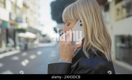 Eine blonde Frau, die auf einem Smartphone spricht, während sie auf einer belebten Straße steht. Stockfoto