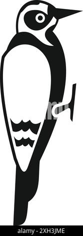 Einfache schwarz-weiße Silhouette eines Spechts, der sich an der Seite eines Baumstamms festhält Stock Vektor