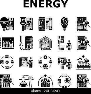 Energieprüfung Stromgebäude Symbole Vektor festlegen Stock Vektor
