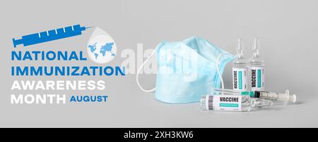 Ampullen von Impfstoff, Spritze und medizinischer Maske auf grauem Hintergrund. Banner für den National Immunization Awareness Month Stockfoto