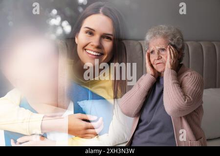 Leiden an Amnesie. Eine ältere Frau, die versucht, sich an ein Paar zu erinnern. Das Gesicht des Mannes ist unmerklich verschwommen Stockfoto