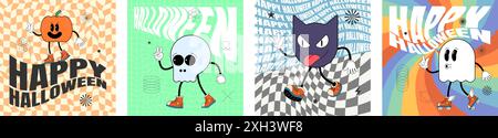 Retro groovige Happy Halloween Party Art quadratisches Banner Set. Gruselige Kürbis-, Schädel-, Fledermaus- und Geisterfiguren auf verrücktem Hippie-Print. Abstrakter Flyer im psychedelischen Hippie-Stil. Trendiges y2k-Pop-Design Stock Vektor