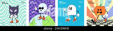 Retro groovige Happy Halloween Night Party Art quadratisches Banner Set. Funky Kürbis, Schädel, Fledermaus und Geisterfiguren auf verrücktem Hippie-Print. Psychedelischer Hippie-abstrakter Flyer. Trendiges y2k-Pop-Design Stock Vektor
