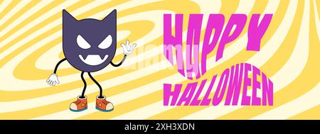 Retro-groovige Happy Halloween Night Party Art horizontales Banner. Flippige Fledermausfigur auf verrücktem Hippie-Hintergrund. Psychedelischer Hippie-abstrakter Druck. Trendiges y2k Popkultur-EPS-Design Stock Vektor