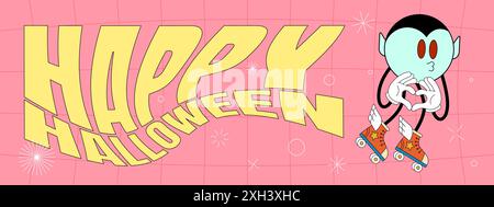 Retro-groovige Happy Halloween Party Art horizontales Banner. Vampirfigur auf verrücktem Hippie-Hintergrund. Hippie abstrakt Oktober 31 Festveranstaltung eps Flyer. Trendiges y2k-Pop-Design-Konzept Stock Vektor