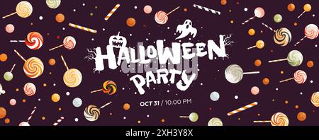 Horizontales Banner der Happy Halloween Party. Hintergrundposter für süße Süßigkeiten. Art Cover Horror Night Feier. Werbekunstwerk für Feiertage im Oktober 31. „Trick or Treat“-Design Stock Vektor