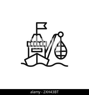 Industrielle Fischerei Icon Logo Zeichen Vektor Umriss in schwarz-weiß Farbe Stock Vektor