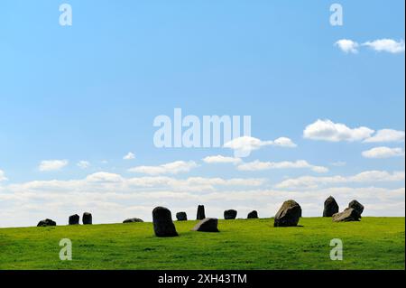 Prähistorische jungsteinzeitlichen Megalith stehende Steinkreis bekannt als Long Meg und ihre Töchter in der Nähe von Penrith, Cumbria, England UK Stockfoto