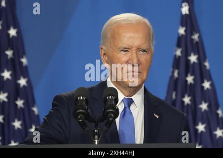 Washington, Usa. Juli 2024. Präsident Joe Biden hält am Donnerstag, den 11. Juli 2024, eine Pressekonferenz im Anschluss an den NATO-Gipfel in Washington, DC ab. Foto: Chris Kleponis/UPI Credit: UPI/Alamy Live News Stockfoto