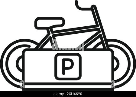 Einfaches Symbol eines Fahrrads, das vor einem Parkschild geparkt ist, ideal für die Darstellung von Fahrradparkplätzen Stock Vektor