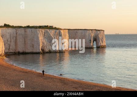 England, Kent, Kingsgate Bay, man and Dog Walking on Beach Stockfoto