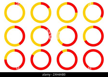 Set von kreisförmigen Fortschrittsbalken in Rot und Gelb. Verschiedene Stadien des Fortschritts werden in Vektorkreisen angezeigt. Sauberes und einfaches Design für verschiedene Anwendungen. Stock Vektor