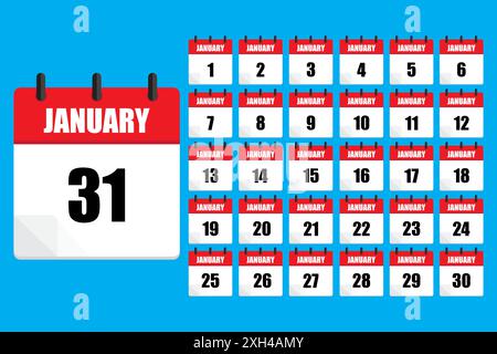 Kalendersymbole für Januar. Datum 31 Vektor. Anzeige des gesamten Monats. Rote und blaue Farben. Stock Vektor