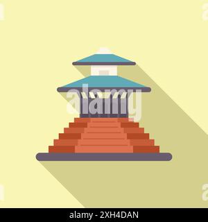 Traditionelles asiatisches Tempelgebäude auf einer Steinplattform mit Treppen, farbenfrohe Architekturillustration in flachem Stil Stock Vektor