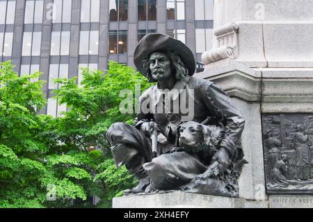 Die historische Statue Raphaël Lambert Closse in der Nähe der Kathedrale notre Dame in Montreal Kanada. Stockfoto