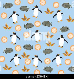 Niedliche Pinguine, Fische mit Orangen und Blättern als Musterhintergrund Stock Vektor