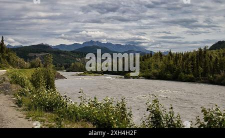 Matanuska River an einem bewölkten Sommertag im Matanuska-Susitna Valley in Alaska. Stockfoto