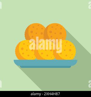 Fünf leckere runde Kekse mit Löchern sitzen auf einem blauen Teller Stock Vektor