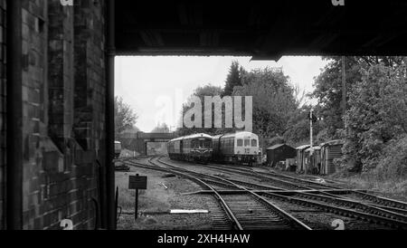 Erhaltene Dieseltriebwagen in Loughborough (Great Central Railway), Baureihe 101 '50203 + 59506 + 50266 (rechts) 79900 Iris (links) Stockfoto