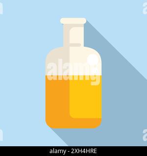 Der Chemikalienkolben mit einer gelben Flüssigkeit ist auf einem blauen Hintergrund mit langem Schatten isoliert Stock Vektor