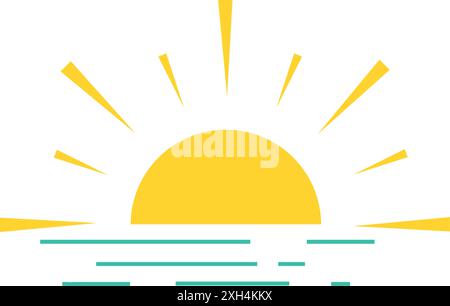 Gelbe halbkreisförmige Kritzeleien mit Halbsonnensymbolen. Einfache grafische Symbole für Sonnenuntergang. Sommer-Wärme-Symbole. Halbkreisförmiges Solarelement. Stock Vektor