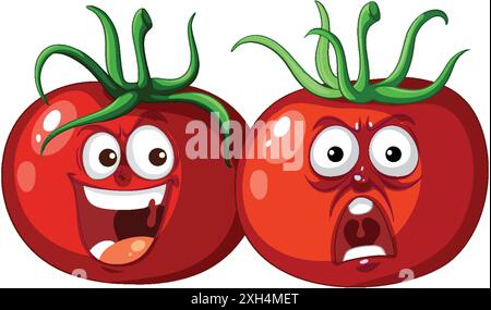Zwei ausdrucksstarke Tomaten mit unterschiedlichen Emotionen Stock Vektor