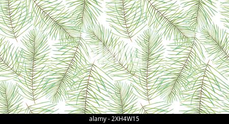 Nahtloses Muster von Kiefer- und Tannenzweigen. Weihnachtlicher Hintergrund mit Evergreens. Illustration mit Aquarell, Markierung. Handgezeichnete isolierte Kunst. Natura Stockfoto