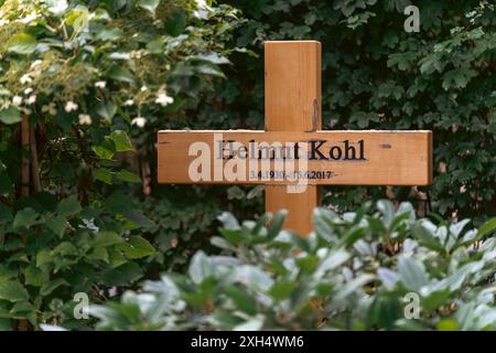 Nahaufnahme eines einfachen Holzkreuzes auf Helmut Kohls Grab, Speyer, Deutschland Stockfoto