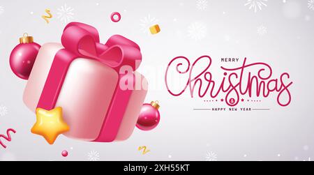 Frohe weihnachten Grüße Vektor Banner Design. Rosafarbene Weihnachtsgeschenkbox, Weihnachtskugeln und Sternenelemente im Schneeflocken-Hintergrund für die Weihnachtsgrüße Stock Vektor